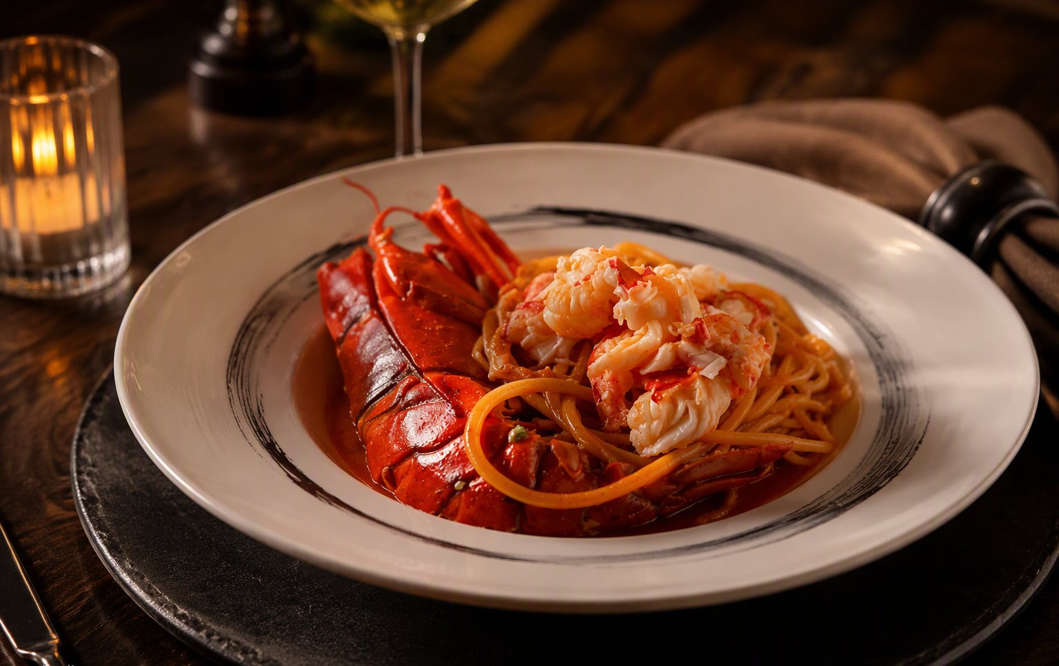 Le linguine all'astice con mezza astice nel suo guscio
